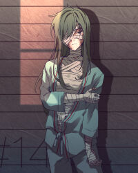 Rule 34 | 1girl, against wall, alternate costume, aqua pants, arm at side, asymmetrical bangs, bandage on face, bandage over one eye, bandaged arm, bandaged chest, bandaged hand, bandaged head, bandaged neck, bandages, closed mouth, commentary request, cowboy shot, frown, green hair, grey background, hair over shoulder, hand on own arm, highres, hospital gown, kagerou project, kido tsubomi, long bangs, long hair, looking at viewer, mekakucity actors, mokemoke chan, numbered, one eye covered, open clothes, pants, partial commentary, purple eyes, scar, scar on face, shadow, sleeves past elbows, solo, sunlight