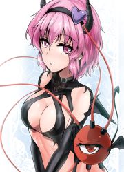 Rule 34 | 1girl, :o, bare shoulders, bat wings, black gloves, black one-piece swimsuit, blush, breasts, buckle, collar, demon girl, demon horns, demon tail, eyeball, eyebrows, gloves, gradient background, hair between eyes, hair ornament, hairband, heart, heart hair ornament, heart tail, horns, komeiji satori, large breasts, lips, looking at viewer, one-piece swimsuit, parted lips, pink eyes, pink hair, red eyes, revealing clothes, short hair, simple background, solo, string, swimsuit, tail, third eye, touhou, tsurime, wavy hair, wings, y2