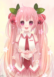 Rule 34 | 1girl, alternate color, alternate hair color, bad id, bad pixiv id, cherry, cherry blossoms, detached sleeves, food, fruit, hatsune miku, heart, heart-shaped pupils, long hair, mia0309, name connection, necktie, object namesake, petals, pink eyes, pink hair, sakura miku, skirt, smile, solo, symbol-shaped pupils, twintails, very long hair, vocaloid