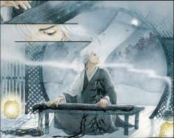 Rule 34 | 1boy, chinese clothes, grey theme, guqin, hanfu, incense, indoors, instrument, lan wen xuan, lantern, long hair, looking to the side, male focus, music, playing instrument, ponytail, sitting, solo, white hair