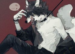 Rule 34 | ..., 1boy, animal ear fluff, animal ears, arm support, arm up, black fur, black hair, black jacket, black nails, body fur, bracelet, collar, denim, ear piercing, fangs, fingernails, fox ears, fox tail, furry, furry male, green eyes, highres, jacket, jacket partially removed, jeans, jewelry, knee up, leash, leash pull, licking lips, male focus, musical note, muted color, nail polish, no shirt, open fly, open pants, original, pants, piercing, red background, ring, sharp fingernails, short hair, sitting, slit pupils, solo, static, tail, tongue, tongue out, torn clothes, tou no25, white fur