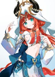 Rule 34 | 1girl, aqua eyes, arabian clothes, arm up, armpit crease, blue nails, blue sash, blush, bracelet, breasts, brooch, closed mouth, commentary request, crop top, curled horns, eyelashes, forehead jewel, gem, genshin impact, gold trim, harem outfit, highres, horns, jewelry, long hair, long sleeves, medium breasts, midriff, nail polish, narrow waist, navel, necklace, new gnsn, nilou (genshin impact), pelvic curtain, petals, puffy long sleeves, puffy sleeves, red hair, revealing clothes, sash, skirt, smile, solo, stomach, twitter username, veil, white background