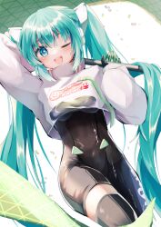 Rule 34 | 1girl, blue eyes, blue hair, blush, bodysuit, confetti, cropped jacket, gloves, goodsmile racing, hatsune miku, headphones, high collar, highres, holding, holding pole, long hair, long sleeves, looking at viewer, mani (second-dimension), one eye closed, open mouth, pole, race queen, racing miku, racing miku (2022), single leg bodysuit, smile, thighhighs, very long hair, vocaloid