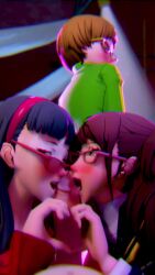 Rule 34 | 1boy, 3d, 3girls, amagi yukiko, amateurthrowaway, animated, asian, atlus, bad tag, bike shorts, black hair, blender (medium), brown hair, buttjob, cooperative fellatio, drunk, fellatio, glasses, group sex, headband, heart, heart hands, heart hands duo, hetero, highres, indoors, kujikawa rise, large penis, licking, licking penis, long hair, looking at viewer, megami tensei, multiple girls, music, nightclub, official style, oral, outerwear, penis, persona, persona 4, pov, satonaka chie, sega, shadow (persona), shadow rise, sound, tagme, teamwork, threesome, tomboy, twintails, video, yellow eyes