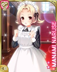 Rule 34 | 1girl, :o, ahoge, apron, black bow, black dress, blonde hair, bow, breasts, brown eyes, card (medium), character name, day, dress, girlfriend (kari), indoors, maid, maid apron, maid headdress, mansion, naruse mamami, official art, open mouth, qp:flapper, small breasts, tagme, white apron, white headwear