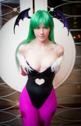 Rule 34 | breasts, cleavage, cosplay, green eyes, green hair, morrigan aensland, morrigan aensland (cosplay), non-asian, pale skin, photo (medium), vampire (game)