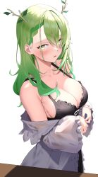 Rule 34 | 1girl, absurdres, alternate costume, antlers, black dress, braid, braided bangs, breasts, ceres fauna, cleavage, coat, dress, frilled sleeves, frills, green hair, grey coat, hair over one eye, highres, hirahiragi (h1rqg1), hololive, hololive english, horns, large breasts, leaf, long hair, long sleeves, looking at viewer, mole, mole under eye, off shoulder, open clothes, open coat, parted lips, shadow, simple background, solo, standing, virtual youtuber, white background, wide sleeves, yellow eyes