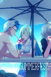 Rule 34 | 1boy, 2girls, ahoge, beach umbrella, bikini, black bikini, black hair, black jacket, blue bikini, breasts, brynhildr (fate), cleavage, closed eyes, collarbone, cropped jacket, cup, diagonal bangs, drinking straw, echo (circa), empty eyes, fate/grand order, fate (series), grey hair, jacket, jeanne d&#039;arc alter (fate), jeanne d&#039;arc alter (swimsuit berserker) (fate), large breasts, long hair, long sleeves, multiple girls, open mouth, shaded face, short hair, shrug (clothing), sigurd (fate), smile, swimsuit, table, thighs, umbrella, very long hair, white hair