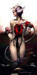 Rule 34 | 1girl, bird, black hair, blurry, blurry background, commentary, day, death, english commentary, fish, heart (organ), highres, holding, industrial, lips, long hair, looking to the side, nude, oil, original, parted lips, solo, standing, thigh gap, watermark, web address, yuumei