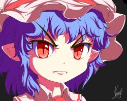 Rule 34 | 1girl, anime coloring, black background, blue hair, embodiment of scarlet devil, fang, fang out, fangs, female focus, frown, hat, hat ribbon, highres, looking at viewer, mob cap, nac0n, pointy ears, portrait, red eyes, remilia scarlet, ribbon, short hair, signature, simple background, slit pupils, solo, touhou, tsurime, vampire