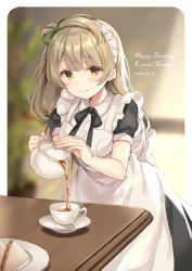 Rule 34 | 2018, alternate costume, apron, black ribbon, black skirt, black sleeves, blush, bow, brown eyes, character name, cup, dated, enmaided, food, green bow, hair bow, happy birthday, highres, light brown hair, long hair, love live!, love live! school idol project, maid, maid headdress, minami kotori, neck ribbon, pouring, ribbon, sandwich, shiromikan, shirt, short sleeves, side ponytail, skirt, smile, solo, teacup, teapot, white apron, white shirt