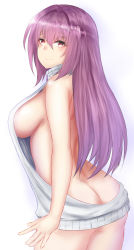 Rule 34 | 1girl, absurdres, alternate costume, ass, back, backless dress, backless outfit, bare arms, bare back, bare shoulders, blush, breasts, butt crack, closed mouth, covered erect nipples, cowboy shot, dress, fate/grand order, fate (series), female focus, from behind, from side, grey dress, grey sweater, hair between eyes, hair intakes, halterneck, highres, huge breasts, legs together, long hair, looking at viewer, meme attire, naked sweater, no bra, no panties, purple eyes, purple hair, rakam (artist), ribbed sweater, scathach (fate), sideboob, smile, solo, sweater, sweater dress, turtleneck, turtleneck sweater, virgin killer sweater