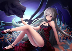 Rule 34 | 1girl, absurdres, azur lane, bare shoulders, breasts, commentary request, dress, grey hair, hair between eyes, highres, kurono suzuran, long dress, long hair, looking at viewer, medium breasts, montpelier (azur lane), montpelier (persephone&#039;s throne) (azur lane), official alternate costume, red dress, red eyes, red footwear, sitting, solo, very long hair