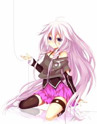 Rule 34 | 1girl, ahoge, asymmetrical legwear, bad id, bad pixiv id, bare shoulders, black thighhighs, colorized, fumatake, highres, ia (vocaloid), long hair, looking at viewer, mismatched legwear, off shoulder, simple background, solo, thigh strap, thighhighs, uneven legwear, very long hair, vocaloid, white background
