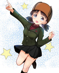 Rule 34 | 1girl, black skirt, blue eyes, blush stickers, breasts, girls und panzer, hat, highres, kumaisao, looking at viewer, military uniform, miniskirt, nina (girls und panzer), open mouth, pravda military uniform, short hair, simple background, skirt, small breasts, smile, solo, star (symbol), twintails, uniform