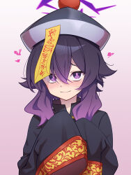 Rule 34 | 1girl, alternate costume, blue archive, blush, closed mouth, commentary request, commission, halo, haruka (blue archive), highres, jiangshi costume, long sleeves, medium hair, nose blush, purple eyes, purple hair, purple halo, skeb commission, sleeves past fingers, sleeves past wrists, solo, yotubeya