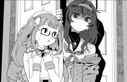 Rule 34 | 2girls, blue archive, book, glasses, hairband, halo, height difference, monochrome, multiple girls, niku-name, school uniform, serafuku, shimiko (blue archive), twintails, twitter, ui (blue archive)