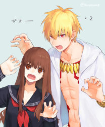 Rule 34 | 10s, 1boy, 1girl, abs, artist name, blonde hair, bracelet, brown eyes, brown hair, claw pose, collarbone, fang, fate/extra, fate/extra ccc, fate (series), gao, gilgamesh (fate), jewelry, kishinami hakuno (female), long hair, long sleeves, neckerchief, necklace, official alternate costume, open clothes, open mouth, open shirt, red eyes, sailor collar, school uniform, serafuku, shirt, somemiya suzume, tattoo, twitter username, wavy hair