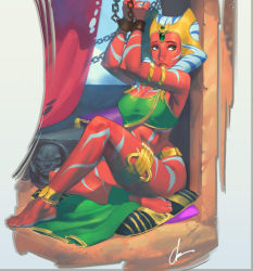Rule 34 | 1girl, ahsoka tano, alien, armband, arms up, bare arms, bare legs, bare shoulders, barefoot, bound, bound wrists, breasts, chain, chained, chuck pires, clenched hands, colored skin, colorful, crop top, cushion, full body, gem, gold, gold trim, green eyes, green gemstone, headpiece, indoors, jedi, jewelry, legband, looking at viewer, medium breasts, orange skin, patterned skin, signature, sitting, slave, solo, star wars, star wars: the clone wars, tentacle hair, togruta, window, wrist cuffs