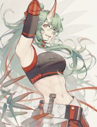 Rule 34 | 1girl, arknights, arm up, armpits, black shirt, cattie art, commentary, cropped shirt, fern, flask, floral background, green hair, grey background, highres, horns, hoshiguma (arknights), knife, long hair, looking at viewer, midriff, navel, open mouth, sheath, sheathed, shirt, single horn, sketch, sleeveless, sleeveless shirt, solo, teeth, upper body, yellow eyes