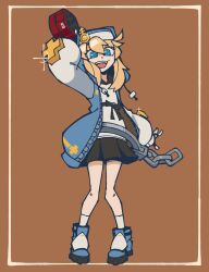 Rule 34 | 1boy, androgyne symbol, androgynous, black skirt, blonde hair, blue eyes, blue footwear, boots, bridget (guilty gear), brown background, chain, ethossketches, fangs, fingerless gloves, full body, gleam, gloves, guilty gear, habit, highres, hood, hoodie, long hair, long sleeves, looking at viewer, male focus, miniskirt, open clothes, open hoodie, open mouth, partially unzipped, ringed eyes, shirt, skirt, sleeveless, smile, socks, solo, standing, white shirt, white socks, yo-yo