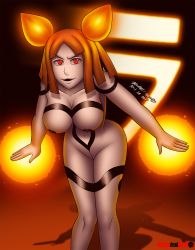 Rule 34 | 1girl, angry, annoyed, aura, blonde hair, clown, female focus, fire, highres, kaguya (soul eater), looking at viewer, nipples, nude, pale skin, power lines, red eyes, smile, smirk, smug, solo, soul eater, tattoo