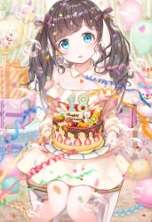 Rule 34 | 1girl, apple, apple slice, bad id, bad pixiv id, balloon, birthday cake, blue eyes, blurry, blurry foreground, blush, box, brown hair, brown ribbon, bubble, cake, cat, chair, commentary request, confetti, curtains, depth of field, dress, earrings, feet out of frame, food, fruit, gift, gift box, hair ribbon, happy birthday, head tilt, heart, highres, holding, holding cake, holding food, indoors, jewelry, kiwi (fruit), kiwi slice, knees together feet apart, long hair, long sleeves, looking at viewer, on chair, open mouth, original, ribbon, short dress, sitting, solo, star (symbol), strawberry, twintails, utaka (anyoanyot), white dress