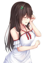 Rule 34 | 1girl, bare shoulders, blush, breasts, broken heart, brown hair, closed eyes, collarbone, crying, dress, facing away, hair ornament, heart, highres, large breasts, long hair, original, parted lips, simple background, solo, white background, white dress, ym (distance819)