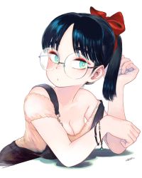 Rule 34 | 1girl, aqua eyes, black hair, black overalls, blush, bracelet, breasts, bright pupils, cleavage, copyright request, glasses, hair ribbon, hands up, highres, jewelry, medium breasts, overalls, ponytail, red ribbon, ribbon, round eyewear, shadow, shirt, simple background, solo, takatsu makoto, upper body, white background, white pupils, white shirt