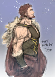 Rule 34 | 1boy, absurdres, bara, beard, cape, facial hair, fate/grand order, fate (series), feet out of frame, from side, happy birthday, highres, iskandar (fate), large pectorals, looking up, male focus, muscular, muscular male, pectorals, profile, red eyes, red hair, shababuru, short hair, sidepec, single bare shoulder, sketch, solo, wrinkled skin