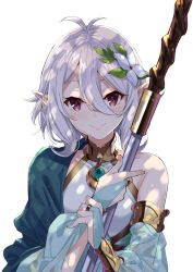 Rule 34 | 1girl, antenna hair, ayanon, bare shoulders, blush, bridal gauntlets, closed mouth, eyebrows hidden by hair, flower, hair between eyes, hair flower, hair ornament, highres, holding, holding staff, kokkoro (princess connect!), looking at viewer, pointy ears, princess connect!, red eyes, short hair, simple background, smile, solo, split mouth, staff, upper body, white background, white hair