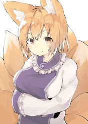 Rule 34 | 1girl, animal ear fluff, animal ears, arms under breasts, blonde hair, breasts, bright pupils, dress, fox ears, fox tail, large breasts, light blush, mamemochi, multiple tails, no headwear, no headwear, short hair, simple background, smile, solo, tabard, tail, touhou, upper body, white background, white dress, white pupils, yakumo ran, yellow eyes