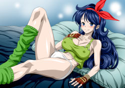 Rule 34 | 1girl, bare shoulders, bed, belt, blue eyes, blue hair, blush, breasts, cameltoe, cleavage, covered erect nipples, curly hair, dragon ball, fingerless gloves, gloves, gradient background, green tank top, groin, hair ribbon, hand on own chest, large breasts, leg up, legs, long hair, looking at viewer, loose socks, lunch (dragon ball), lying, matching hair/eyes, midriff, nel-zel formula, on bed, panties, pillow, ribbon, simple background, sleeveless, smile, socks, solo, tank top, thighs, underwear, white panties