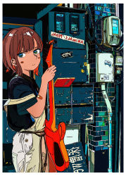 Rule 34 | 1girl, absurdres, bandaid, black shirt, blouse, blue eyes, brown hair, cable, cyberpunk, english text, flat color, guitar, harusameriburo, highres, instrument, original, overalls, shirt, short hair, solo, standing, tagme