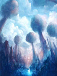 Rule 34 | 1girl, blue sky, blue theme, cloud, cloudy sky, day, giant tree, glowing, original, sakimori (hououbds), scenery, sky, solo, standing, tree