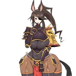 Rule 34 | 1girl, animal ears, armor, black bodysuit, black eyes, black thighhighs, blush, bodysuit, breasts, brown hair, centaur, commentary request, covered navel, cowboy shot, eyepatch, gauntlets, hand up, highres, horse ears, horse tail, impossible bodysuit, impossible clothes, japanese armor, korean commentary, kote, kurokote, large breasts, long hair, looking at viewer, mannungei, monster girl, multiple legs, original, parted lips, pelvic curtain, pointy ears, ponytail, shoulder armor, shoulder spikes, sidelocks, simple background, skindentation, sode, solo, spikes, standing, tail, taur, thighhighs, white background