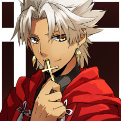 Rule 34 | 1boy, amakusa shirou (fate), bad id, bad pixiv id, brown eyes, cross, cross necklace, dark skin, dark-skinned male, earrings, fate/apocrypha, fate (series), holding, holding cross, jewelry, necklace, ruchi, white hair