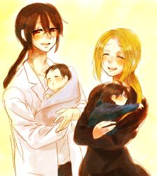 Rule 34 | 1girl, 3boys, baby, baby carry, bad id, bad pixiv id, blonde hair, brown hair, carrying, cecily (senyuu), child carry, closed eyes, family, father and son, happy, itirirenn, lab coat, lake (senyuu), long hair, mother and son, multiple boys, ponytail, rchimedes, red eyes, ross (senyuu), sen&#039;yuu., short hair, smile, spoilers