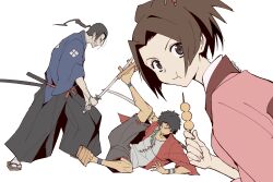 1girl 2boys absurdres ankle_wrap battle bead_bracelet beads black_hair black_hakama black_shorts blue_shirt bracelet breasts brown_eyes brown_hair dango eating facial_hair fighting_stance food full_body full_mouth furrowed_brow fuu_(samurai_champloo) geta glasses hair_ornament hair_stick hakama highres holding holding_sword holding_weapon igusaharu jacket japanese_clothes jewelry jinnosuke katana kimono long_hair looking_at_viewer medium_breasts mugen_(samurai_champloo) multiple_boys parted_bangs pink_kimono ponytail red_jacket samurai_champloo sandals shirt short_hair shorts soul_patch sword twitter_username upper_body wagashi weapon white_background white_shirt wide_sleeves