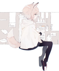 Rule 34 | 1girl, absurdres, animal ears, arknights, black footwear, black pantyhose, black skirt, blue eyes, brown hair, coat, commentary, cup, figmnts, fox ears, fox girl, fox tail, from side, full body, gloves, highres, holding, holding cup, infection monitor (arknights), mug, pantyhose, shoes, short hair, sitting, skirt, solo, sussurro (arknights), tail, white coat, white gloves, wristband