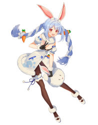 Rule 34 | 1girl, :d, absurdres, animal ears, banned artist, black gloves, blue hair, blush, bow, braid, breasts, brown pantyhose, carrot hair ornament, detached sleeves, don-chan (usada pekora), dress, food-themed hair ornament, full body, gloves, hair bow, hair ornament, highres, holding, holding stuffed toy, hololive, long hair, multicolored hair, open mouth, pantyhose, puffy short sleeves, puffy sleeves, rabbit ears, red eyes, shoes, short sleeves, simple background, small breasts, smile, solo, strapless, strapless dress, stuffed animal, stuffed rabbit, stuffed toy, thick eyebrows, twin braids, twintails, two-tone hair, usada pekora, v, very long hair, virtual youtuber, white background, white bow, white dress, white footwear, white hair, yiku (sim7368)