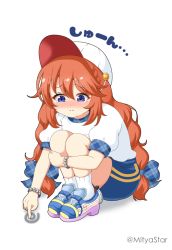 Rule 34 | 1girl, baseball cap, blue bow, blue shorts, blush, bow, braid, brown hair, closed mouth, commentary request, full body, gym shirt, gym shorts, gym uniform, hair between eyes, hair bow, hat, hugging own legs, long hair, mitya, name tag, nose blush, plaid, plaid bow, princess connect!, puffy short sleeves, puffy sleeves, purple eyes, shadow, shirt, shoes, short shorts, short sleeves, shorts, socks, solo, squatting, tears, translation request, twin braids, twintails, twitter username, very long hair, white background, white hat, white shirt, white socks, yuni (princess connect!), yuni (school festival) (princess connect!)