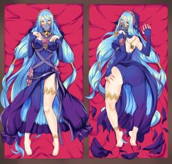 Rule 34 | 1girl, anus, ass, azura (fire emblem), back, barefoot, bed, bed sheet, blue hair, breasts, curvy, dakimakura (medium), elbow gloves, feet, fingerless gloves, fire emblem, fire emblem fates, gem, gloves, hair between eyes, hand on own ass, hand on own chest, jewelry, large breasts, long hair, looking at viewer, mouth veil, multiple views, necklace, nintendo, open mouth, partially visible vulva, pendant, revolverwing, simple background, straight hair, thighs, tongue, tongue out, veil, very long hair, water, white background, yellow eyes