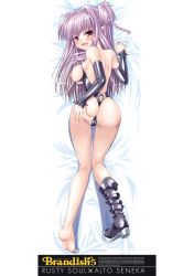 Rule 34 | 1girl, ass, ass grab, bare shoulders, blush, braid, brandish (h manga), breasts, dakimakura (medium), demon girl, english text, engrish text, grabbing own ass, hair intakes, highres, large breasts, long hair, nipples, open mouth, pink eyes, pink hair, pointy ears, ranguage, rusty soul, smile, solo, demon girl, twin braids, twiska, two side up