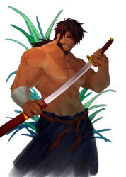 Rule 34 | 1boy, bara, beard, black hair, eyepatch, facial hair, hair over one eye, headband, highres, holding, holding sword, holding weapon, large pectorals, long hair, looking at viewer, lrpanda00, male focus, manly, muscular, mustache, navel, original, pectorals, ponytail, red eyes, red headband, scar, sheath, topless male, simple background, solo, standing, sword, unsheathing, weapon, white background