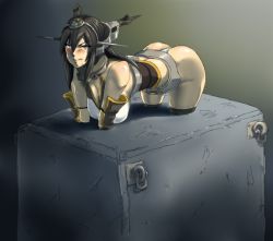 Rule 34 | 10s, 1girl, ass, bare shoulders, black hair, breasts, concrete, elbow gloves, encasement, gloves, gradient background, hairband, headgear, immobilization, kantai collection, long hair, nagato (kancolle), red eyes, restrained, simple background, stationary restraints, trapped, tsuzuki masumi, usukawa