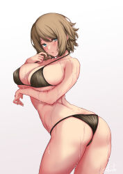 Rule 34 | 1girl, arm under breasts, ass, bikini, black bikini, blue eyes, blush, breasts, brown hair, collarbone, commentary, commission, creatures (company), curvy, game freak, hair between eyes, highres, large breasts, looking at viewer, messy hair, nintendo, parted lips, pixiv commission, pokemon, pokemon (anime), pokemon xy (anime), serena (pokemon), short hair, sidelocks, signature, simple background, sweat, swimsuit, takecha, thighs, very sweaty, wet, white background