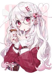 Rule 34 | + +, 1girl, black-framed eyewear, bow, box, chon (chon33v), closed mouth, collared shirt, commentary request, cropped torso, cupcake, ear piercing, food, food-themed hair ornament, gift, gift box, glasses, hair bow, hair ornament, hairclip, hands up, heart-shaped box, highres, holding, holding food, jacket, long hair, long sleeves, multicolored nails, nail art, original, piercing, pink background, puffy long sleeves, puffy sleeves, red bow, red eyes, red jacket, shirt, sleeves past wrists, solo, striped, striped bow, two-tone background, upper body, valentine, very long hair, white background, white bow, white hair, white shirt