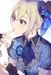 Rule 34 | 1girl, black eyes, black gloves, blonde hair, blue neckwear, blue shirt, earrings, finger to mouth, fingerless gloves, gloves, hair between eyes, idolmaster, idolmaster cinderella girls, idolmaster cinderella girls starlight stage, inzup, jewelry, parted lips, shiomi syuko, shirt, short hair, short sleeves, simple background, solo, striped clothes, striped shirt, upper body, vertical-striped clothes, vertical-striped shirt, white background