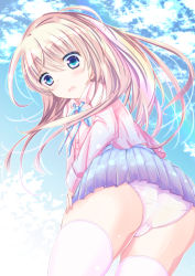Rule 34 | 1girl, ass, blonde hair, blue eyes, blue ribbon, blue skirt, blue sky, blush, cloud, cloudy sky, collared shirt, day, dress shirt, from below, hair between eyes, long hair, long sleeves, looking at viewer, looking back, looking down, neck ribbon, open mouth, original, outdoors, panties, pink panties, pink shirt, pleated skirt, ribbon, shihou haru, shirt, skirt, sky, solo, thighhighs, underwear, very long hair, white thighhighs